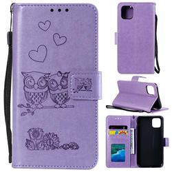 Embossing Owl Couple Flower Leather Wallet Case for iPhone 12 / 12 Pro (6.1 inch) - Purple