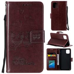 Embossing Owl Couple Flower Leather Wallet Case for iPhone 12 / 12 Pro (6.1 inch) - Brown