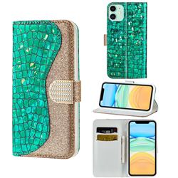 Glitter Diamond Buckle Laser Stitching Leather Wallet Phone Case for iPhone 12 / 12 Pro (6.1 inch) - Green