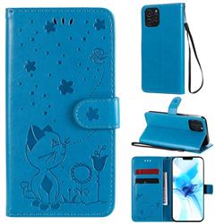Embossing Bee and Cat Leather Wallet Case for iPhone 12 / 12 Pro (6.1 inch) - Blue