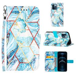 Lake Blue Stitching Color Marble Leather Wallet Case for iPhone 12 / 12 Pro (6.1 inch)