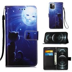 Cat and Moon Matte Leather Wallet Phone Case for iPhone 12 / 12 Pro (6.1 inch)