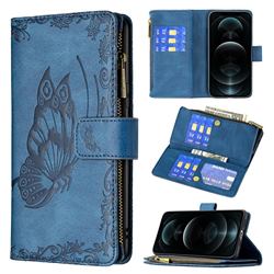 Binfen Color Imprint Vivid Butterfly Buckle Zipper Multi-function Leather Phone Wallet for iPhone 12 / 12 Pro (6.1 inch) - Blue