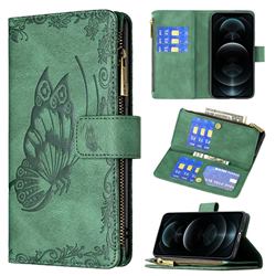 Binfen Color Imprint Vivid Butterfly Buckle Zipper Multi-function Leather Phone Wallet for iPhone 12 / 12 Pro (6.1 inch) - Green