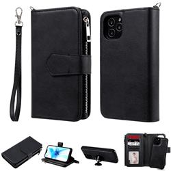 Retro Luxury Multifunction Zipper Leather Phone Wallet for iPhone 12 / 12 Pro (6.1 inch) - Black