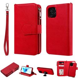 Retro Luxury Multifunction Zipper Leather Phone Wallet for iPhone 12 / 12 Pro (6.1 inch) - Red