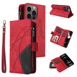 Luxury Two-color Stitching Multi-function Zipper Leather Wallet Case Cover for iPhone 12 / 12 Pro (6.1 inch) - Red