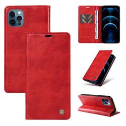 YIKATU Litchi Card Magnetic Automatic Suction Leather Flip Cover for iPhone 12 / 12 Pro (6.1 inch) - Bright Red