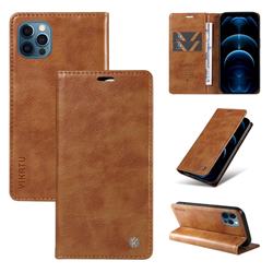 YIKATU Litchi Card Magnetic Automatic Suction Leather Flip Cover for iPhone 12 / 12 Pro (6.1 inch) - Brown