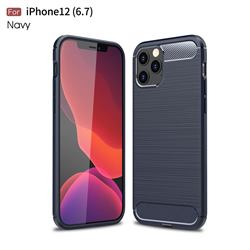 Luxury Carbon Fiber Brushed Wire Drawing Silicone TPU Back Cover for iPhone 12 Pro Max (6.7 inch) - Navy
