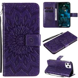 Embossing Sunflower Leather Wallet Case for iPhone 12 Pro Max (6.7 inch) - Purple