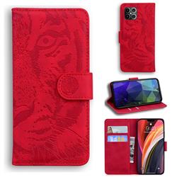 Intricate Embossing Tiger Face Leather Wallet Case for iPhone 12 Pro Max (6.7 inch) - Red