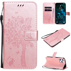 Embossing Butterfly Tree Leather Wallet Case for iPhone 12 Pro Max (6.7 inch) - Rose Pink