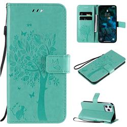 Embossing Butterfly Tree Leather Wallet Case for iPhone 12 Pro Max (6.7 inch) - Cyan