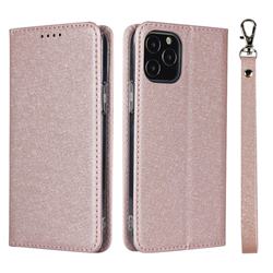 Ultra Slim Magnetic Automatic Suction Silk Lanyard Leather Flip Cover for iPhone 12 Pro Max (6.7 inch) - Rose Gold