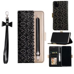 Luxury Lace Zipper Stitching Leather Phone Wallet Case for iPhone 12 Pro Max (6.7 inch) - Black