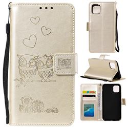 Embossing Owl Couple Flower Leather Wallet Case for iPhone 12 Pro Max (6.7 inch) - Golden