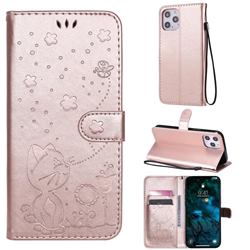 Embossing Bee and Cat Leather Wallet Case for iPhone 12 Pro Max (6.7 inch) - Rose Gold