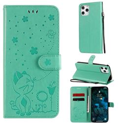 Embossing Bee and Cat Leather Wallet Case for iPhone 12 Pro Max (6.7 inch) - Green