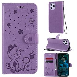 Embossing Bee and Cat Leather Wallet Case for iPhone 12 Pro Max (6.7 inch) - Purple