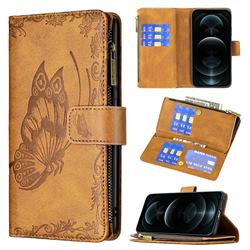 Binfen Color Imprint Vivid Butterfly Buckle Zipper Multi-function Leather Phone Wallet for iPhone 12 Pro Max (6.7 inch) - Brown