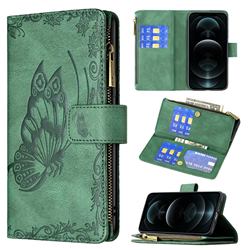Binfen Color Imprint Vivid Butterfly Buckle Zipper Multi-function Leather Phone Wallet for iPhone 12 Pro Max (6.7 inch) - Green