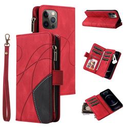Luxury Two-color Stitching Multi-function Zipper Leather Wallet Case Cover for iPhone 12 Pro Max (6.7 inch) - Red