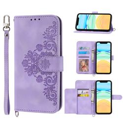 Skin Feel Embossed Lace Flower Multiple Card Slots Leather Wallet Phone Case for iPhone 12 Pro Max (6.7 inch) - Purple
