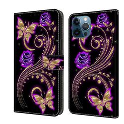 Purple Flower Butterfly Crystal PU Leather Protective Wallet Case Cover for iPhone 12 Pro Max (6.7 inch)