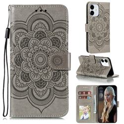 Intricate Embossing Datura Solar Leather Wallet Case for iPhone 13 (6.1 inch) - Gray