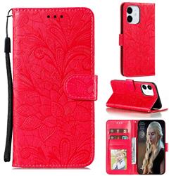 Intricate Embossing Lace Jasmine Flower Leather Wallet Case for iPhone 13 (6.1 inch) - Red