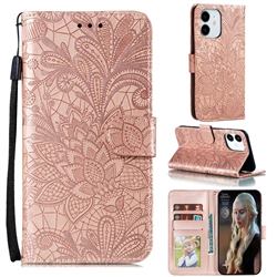 Intricate Embossing Lace Jasmine Flower Leather Wallet Case for iPhone 13 (6.1 inch) - Rose Gold