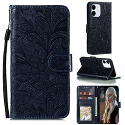 Intricate Embossing Lace Jasmine Flower Leather Wallet Case for iPhone 13 (6.1 inch) - Dark Blue