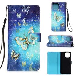 Gold Butterfly 3D Painted Leather Wallet Case for iPhone 13 (6.1 inch)
