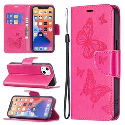 Embossing Double Butterfly Leather Wallet Case for iPhone 13 (6.1 inch) - Red