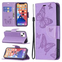 Embossing Double Butterfly Leather Wallet Case for iPhone 13 (6.1 inch) - Purple