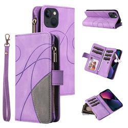 Luxury Two-color Stitching Multi-function Zipper Leather Wallet Case Cover for iPhone 13 (6.1 inch) - Purple