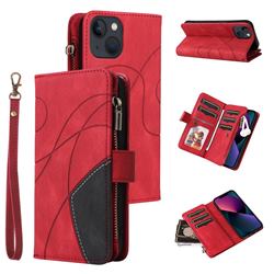 Luxury Two-color Stitching Multi-function Zipper Leather Wallet Case Cover for iPhone 13 (6.1 inch) - Red