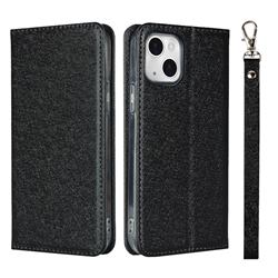 Ultra Slim Magnetic Automatic Suction Silk Lanyard Leather Flip Cover for iPhone 13 (6.1 inch) - Black