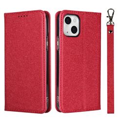 Ultra Slim Magnetic Automatic Suction Silk Lanyard Leather Flip Cover for iPhone 13 (6.1 inch) - Red