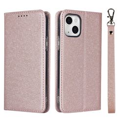 Ultra Slim Magnetic Automatic Suction Silk Lanyard Leather Flip Cover for iPhone 13 (6.1 inch) - Rose Gold