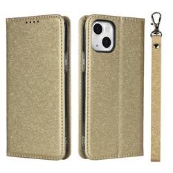 Ultra Slim Magnetic Automatic Suction Silk Lanyard Leather Flip Cover for iPhone 13 (6.1 inch) - Golden
