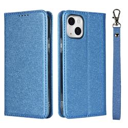 Ultra Slim Magnetic Automatic Suction Silk Lanyard Leather Flip Cover for iPhone 13 (6.1 inch) - Sky Blue