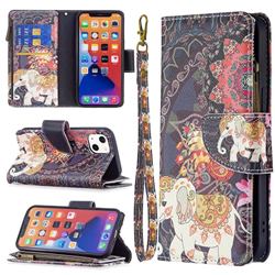 Totem Flower Elephant Binfen Color BF03 Retro Zipper Leather Wallet Phone Case for iPhone 13 (6.1 inch)