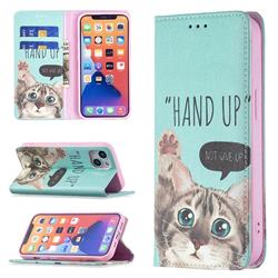 Hand Up Cat Slim Magnetic Attraction Wallet Flip Cover for iPhone 13 (6.1 inch)