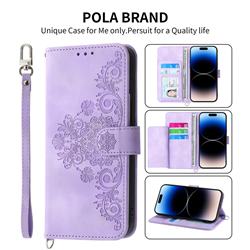 Skin Feel Embossed Lace Flower Multiple Card Slots Leather Wallet Phone Case for iPhone 13 (6.1 inch) - Purple