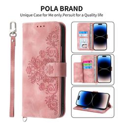 Skin Feel Embossed Lace Flower Multiple Card Slots Leather Wallet Phone Case for iPhone 13 (6.1 inch) - Pink