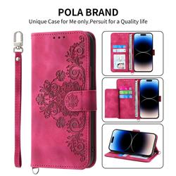 Skin Feel Embossed Lace Flower Multiple Card Slots Leather Wallet Phone Case for iPhone 13 (6.1 inch) - Claret Red