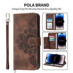Skin Feel Embossed Lace Flower Multiple Card Slots Leather Wallet Phone Case for iPhone 13 (6.1 inch) - Brown