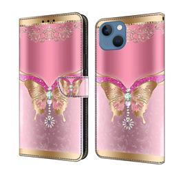 Pink Diamond Butterfly Crystal PU Leather Protective Wallet Case Cover for iPhone 13 (6.1 inch)